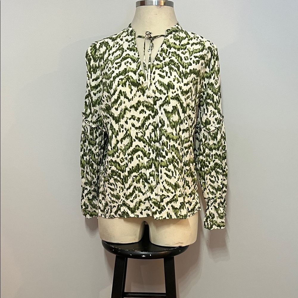 Eloquii Green and White Abstract Geometric Printed Peasant Blouse Long Sleeve